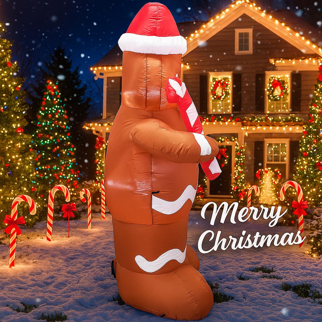 4.9FT LED Inflatable Xmas Yard Decor Gingerbread Man with Candy Cane Outdoor Lawn Garden Supplies Home Decor Ornaments Toy Gifts