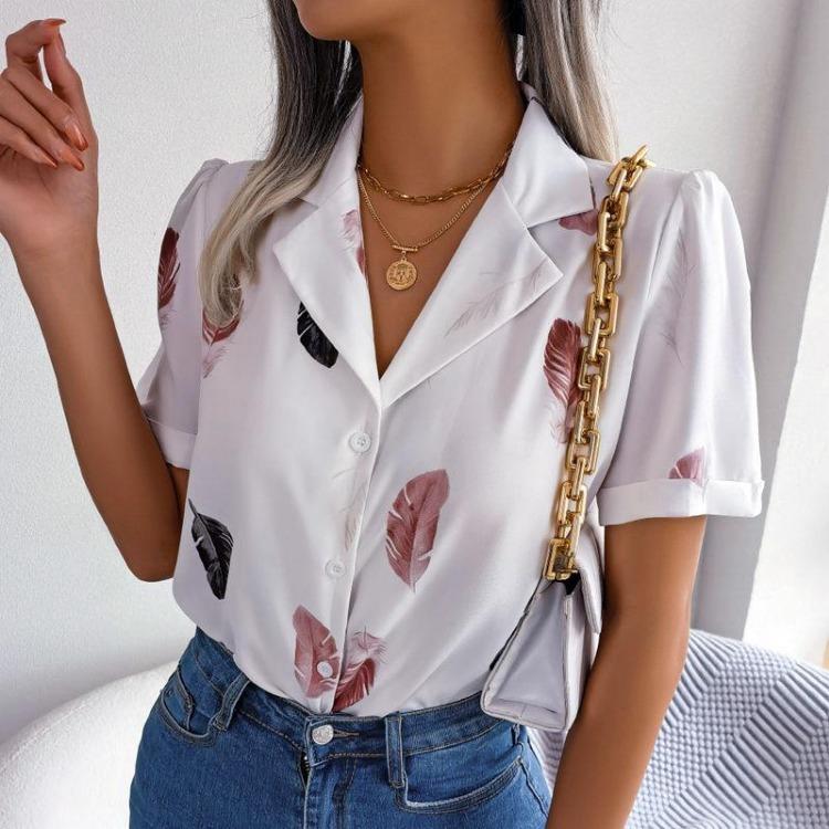 Women's Summer Casual Loose Feather Collar Short Sleeve Blouse Top All Match Shirt Suit