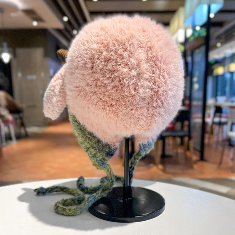 Милая маленькая кашемировая шапка Женская осенне-зимняя теплая шапка с завязками Вязаная шапка-ушанка Универсальный пуловер Универсальные милые рожки Плюшевая шапка-бомбер для мужчин