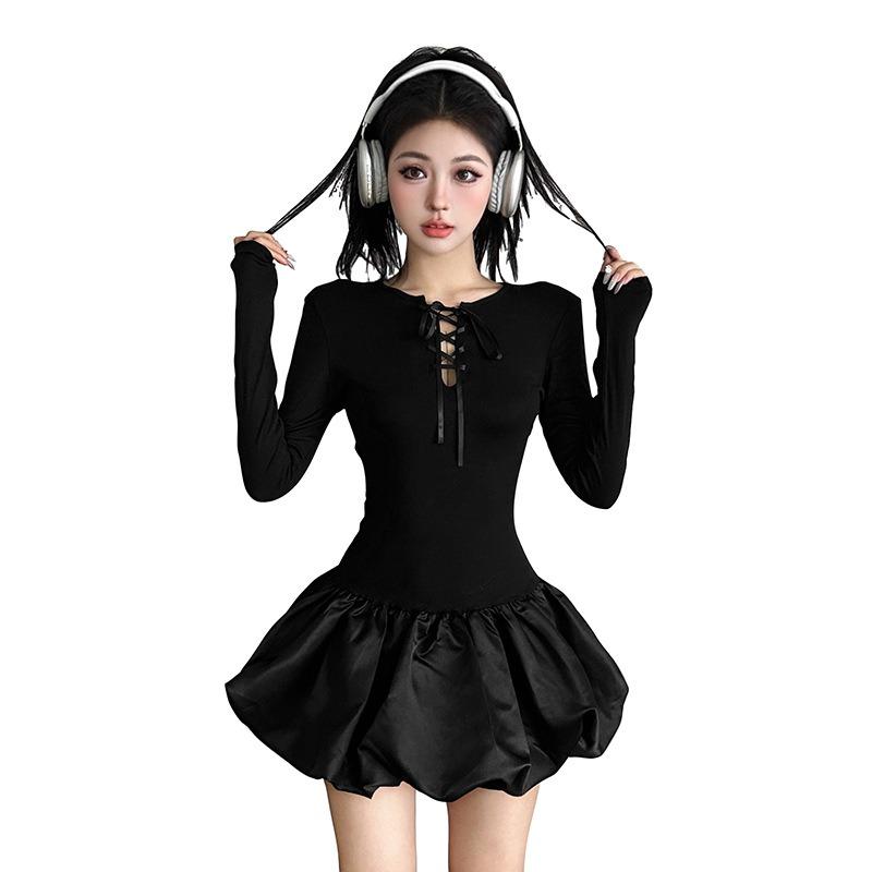 Осеннее женское темпераментное сексуальное кружевное платье с цветочными бутонами, короткая юбка, длинные рукава, облегающее платье