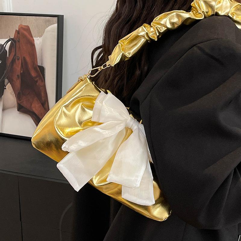 Модная плиссированная сумка подмышкой для женщин, новая трендовая сумка через плечо с бантом, милая и симпатичная сумка через плечо