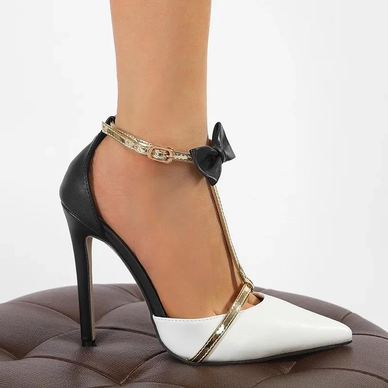 Фиолетовые/белые женские босоножки с Т-образным ремешком и пряжкой-бабочкой, сексуальные, с острым носком, на тонком каблуке, на вечеринку, свадьбу