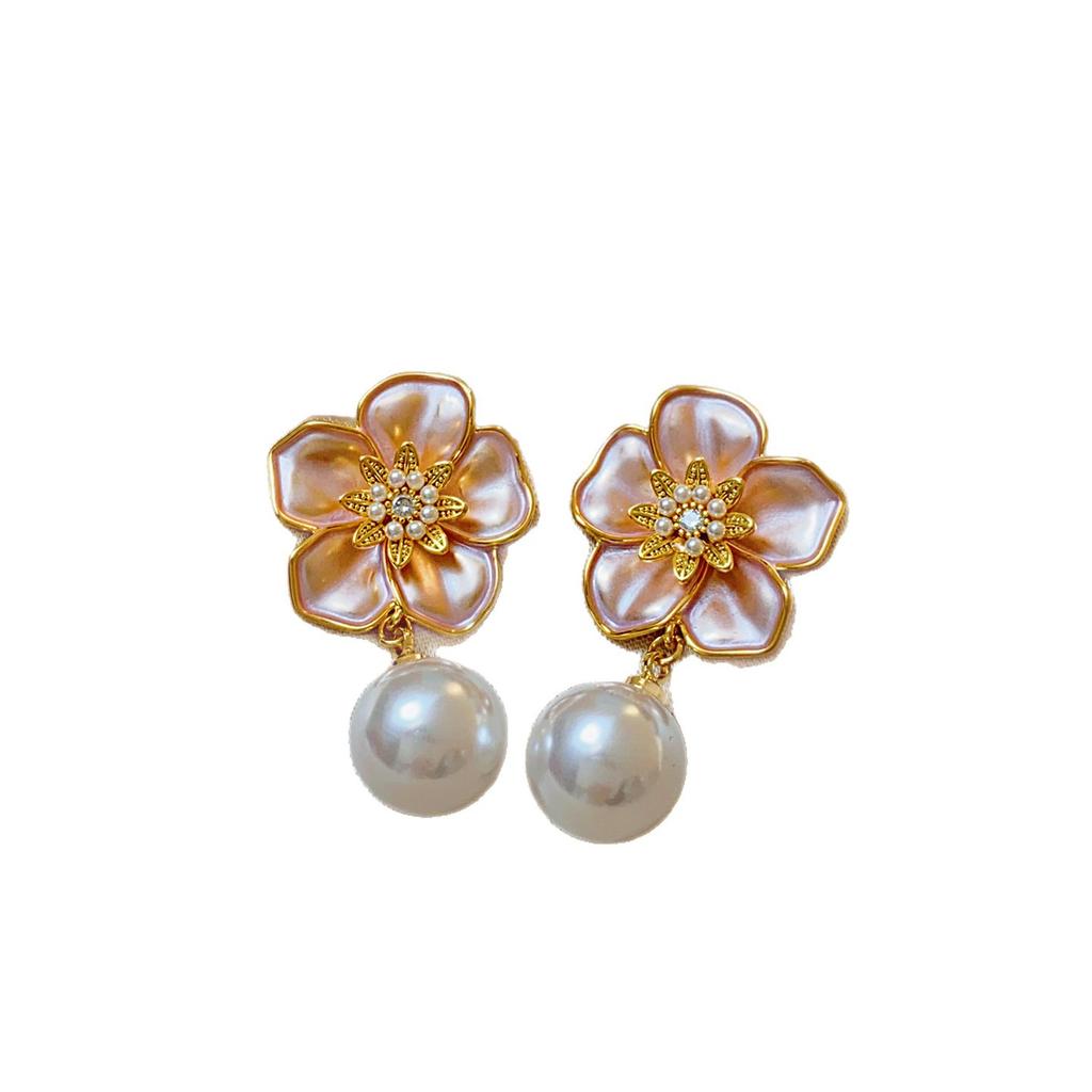 Silver needle zircon pearl oil drop flower stud earrings French retro court style earrings light luxury high-end earrings
