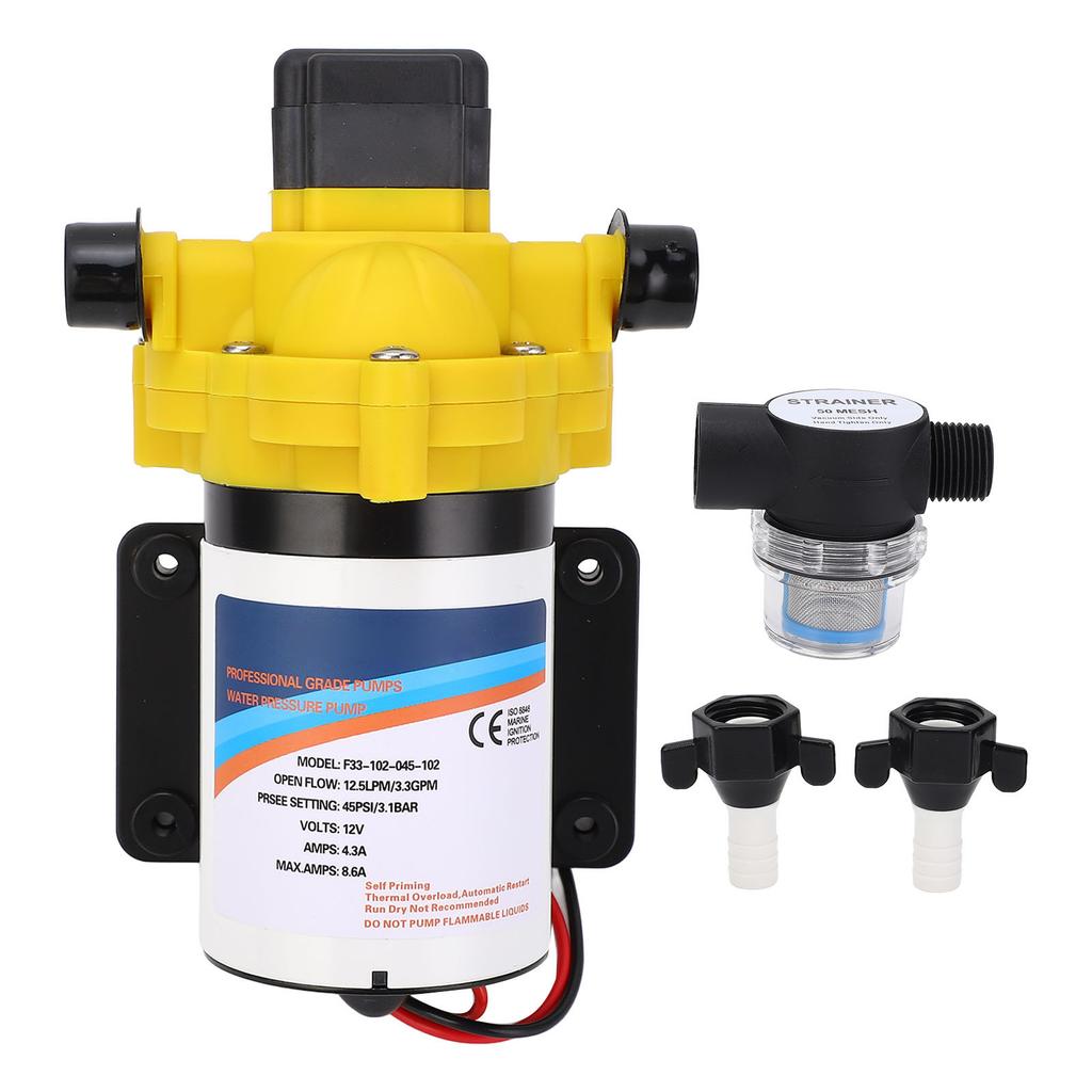 12V DC Diaphragm Water Pump Self Priming 3.3 GPM 45 PSI Low Noise Fresh Water Pump for RV Marine Yacht Caravan