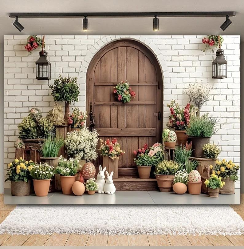 Easter white brick wall flower rabbit Easter egg shooting Backdrop spring flower wall children's birthday party banner Backdrop
