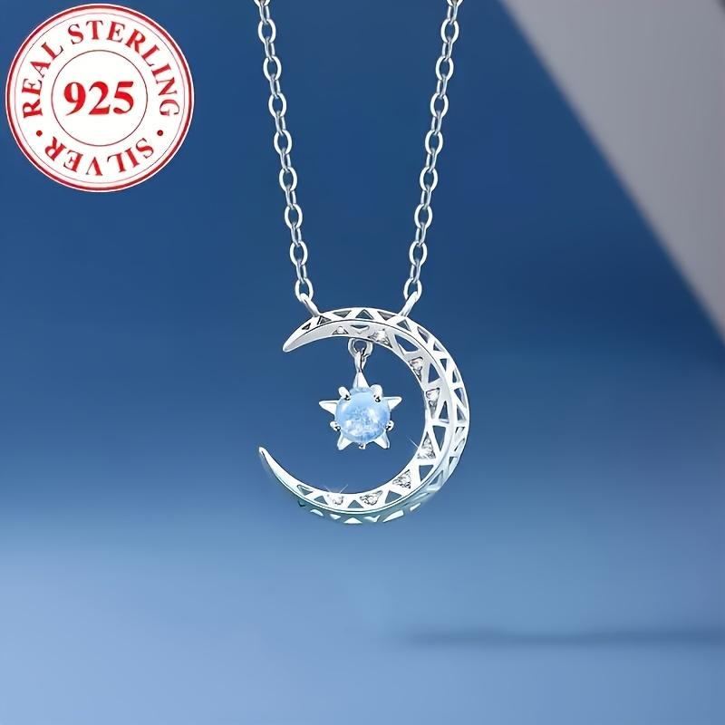 Luxurious Celestial Moon Pendant Necklace - 925 Sterling Silver with Synthetic Blue Zirconia, Perfect Gift for Women in Everyday Life