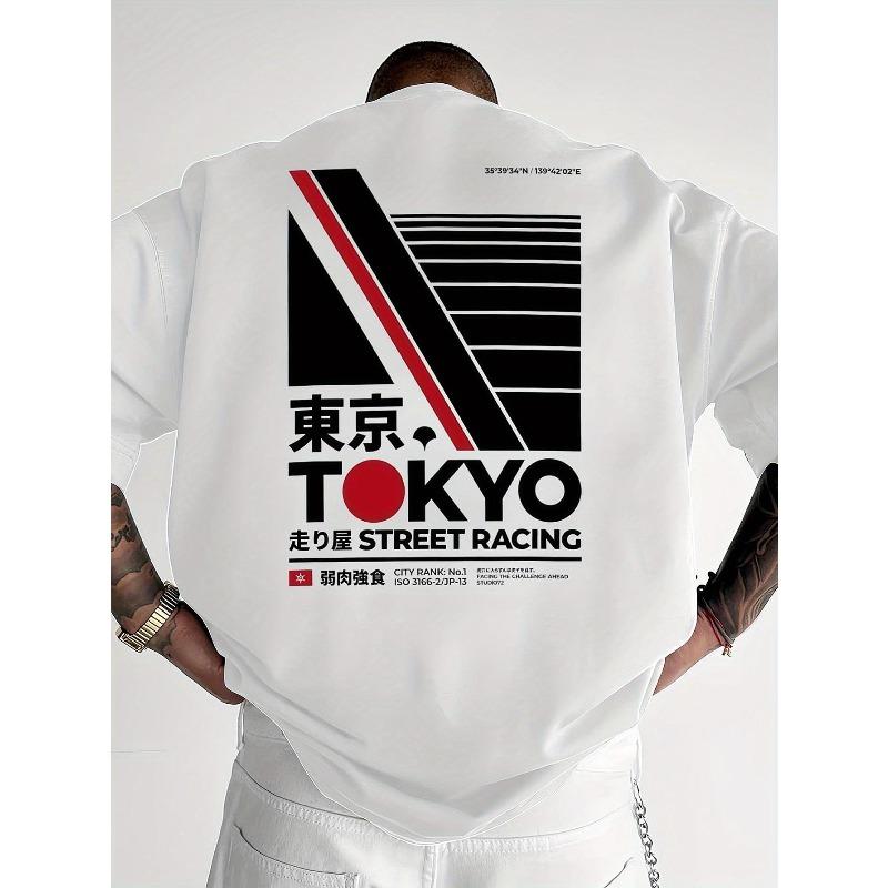 Мужская футболка Tokyo Street Racing, европейский размер - Дизайн с японским текстом и полосками, дышащий хлопок, свободный крой, повседневная футболка для летнего ношения на улице
