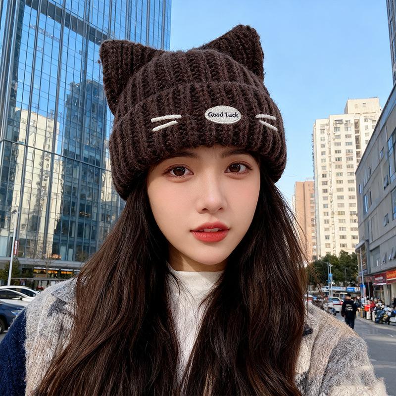 Cute cat ears wool hat women's autumn and winter thickened warm knitted hat new face small ear protection hat