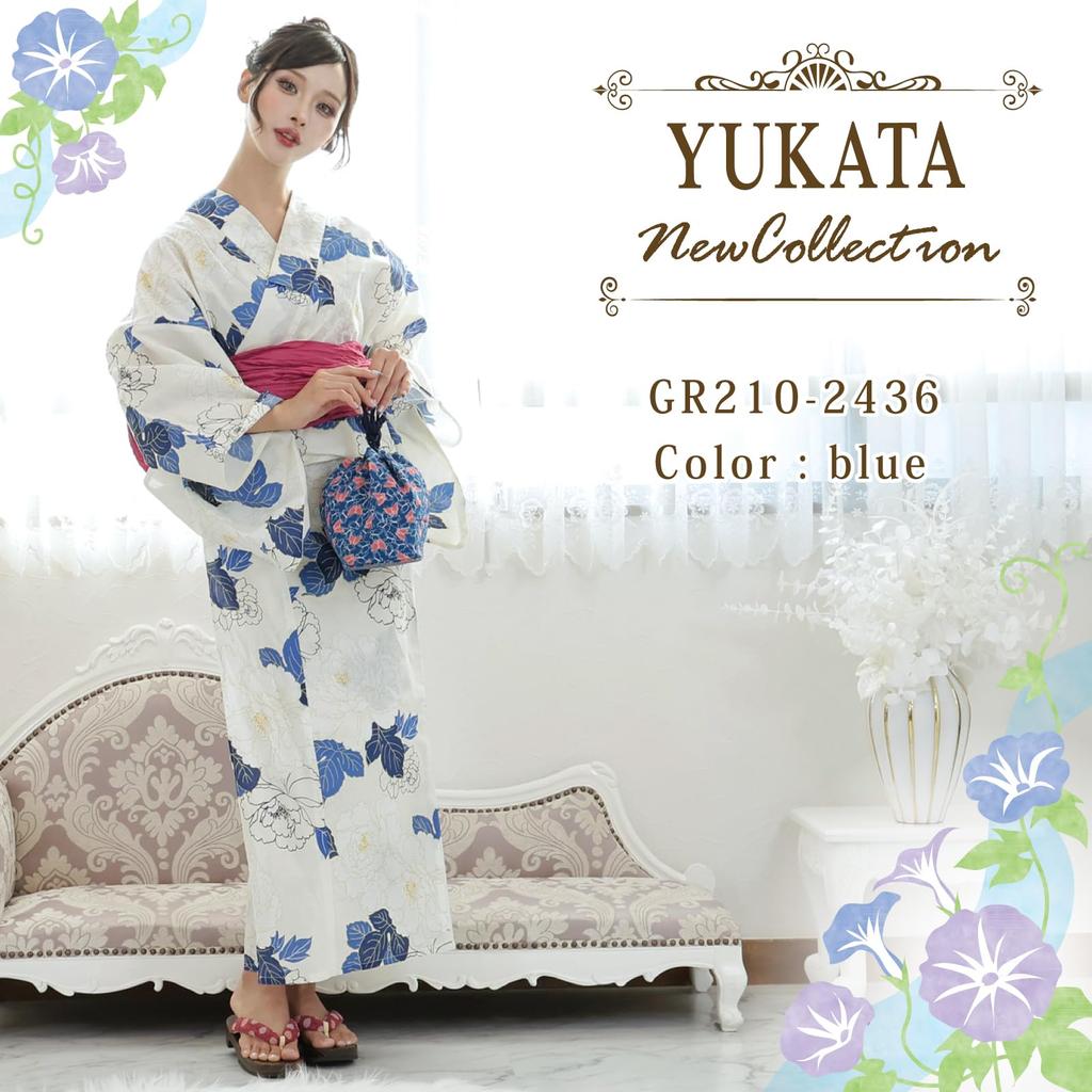 Yukata Layered Peony Heiko Thong Geta One Size Fits Most [RAVIR] Women's 3-piece Set, Flowers, Lovely, Kimono, Fluffy, Obi, Set, Blue,