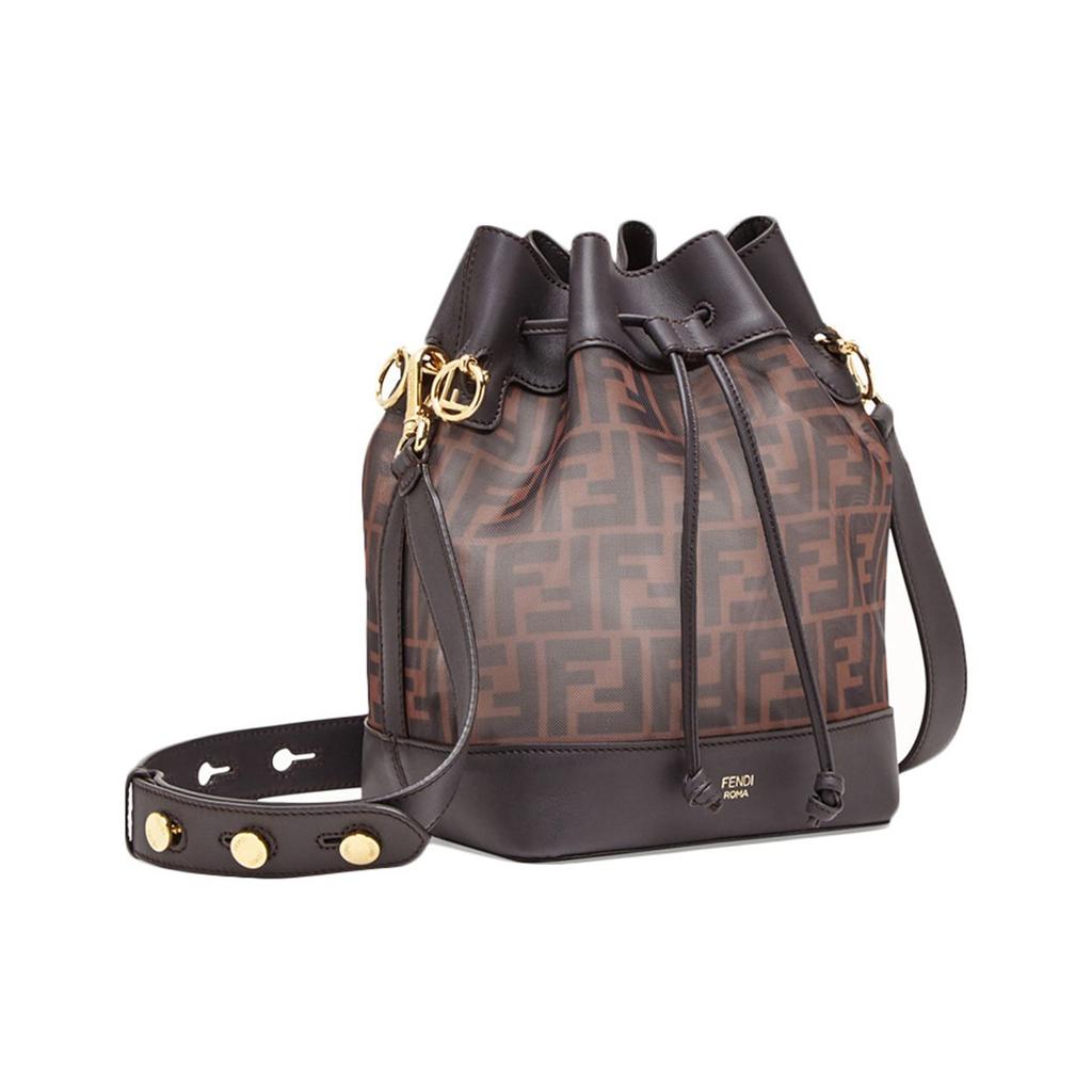 Fendi Mon Tresor Logo FF Pattern High-Tech Breathable Mesh And Leather Drawstring Bucket Bag Women Bags Brown 8BT298-A8HN-F12PK