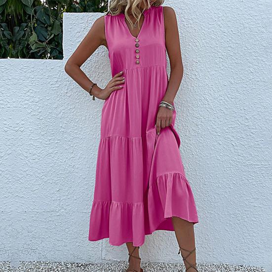 Женское летнее платье с V-образным вырезом без рукавов в стиле пэчворк, трапециевидный подол, чистый цвет, декор на пуговицах, большие качели, мягкое платье до середины икры для отдыха, пляжное платье миди