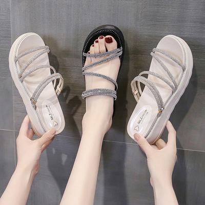 Maogu Летние Новые Женские Туфли Блестящие Стразы Классический Открытый Носок Удобные Модные Однотонные Сандалии на Платформе Женские 40