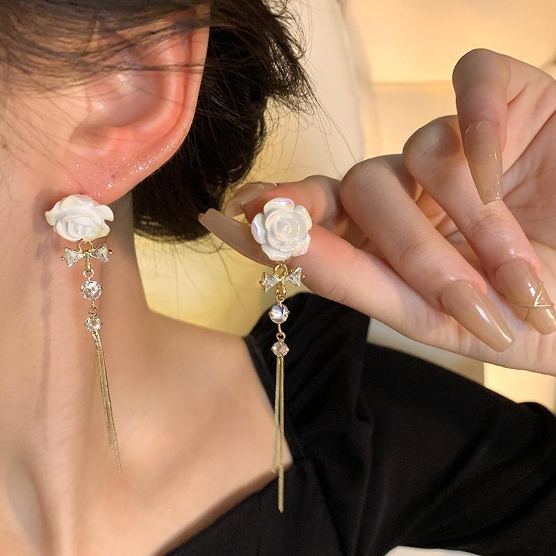 Серебряные игольчатые серьги S925 корейские элегантные длинные кисточки-цветы для женщин