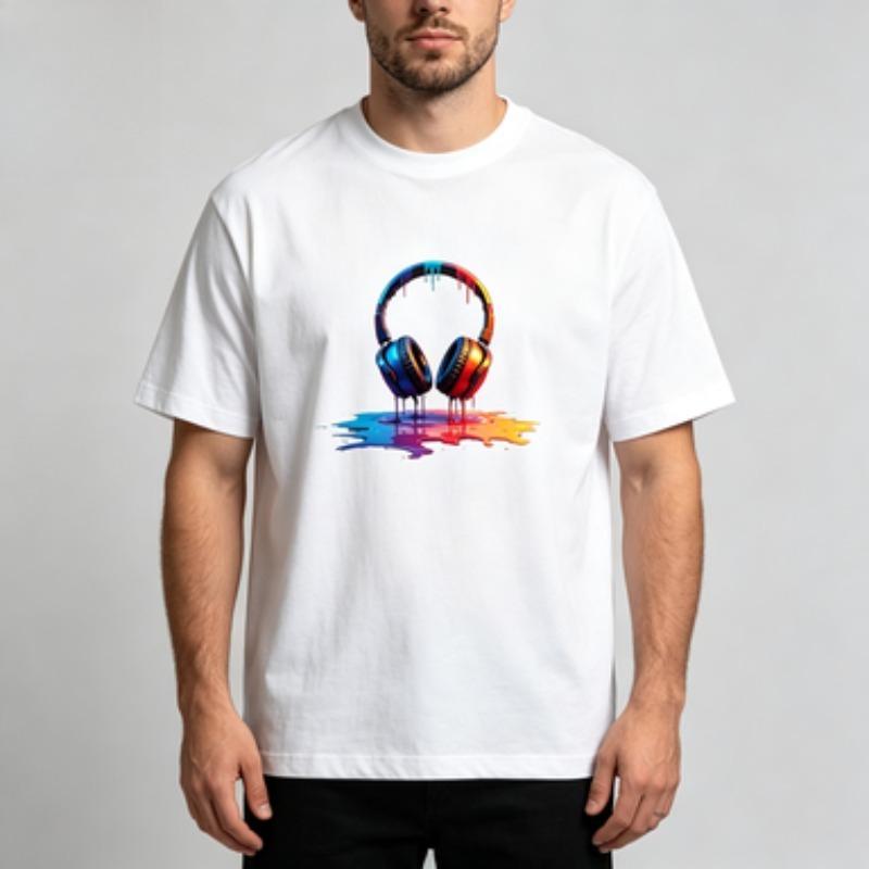 2026 New Unisex Pure Cotton Short Sleeve Tee Rainbow Melting Headset Print Fashion Hip Hop Summer Male Daily Shirts