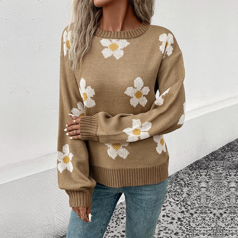 Women's Fashion Casual Flower Pattern Print Autumn Winter Long Sleeve O-Neck Sweaters