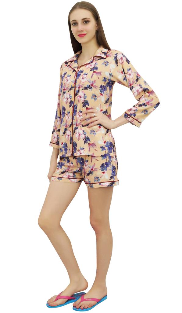 Bimba Womens Beige Rayon Printed Shorts Set Long Sleeve Sleepwear