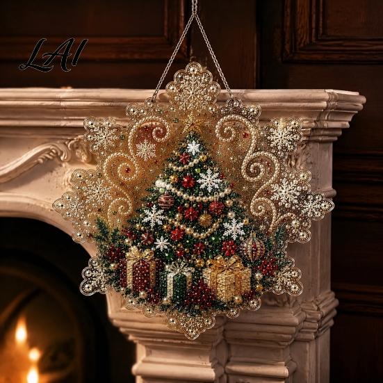 Festive Wall Hanging Ornament Christmas Faux Pearl Painting Suncatcher Kit Acrylic Snowflake Shaped Board with Lace Crystal Beading Craft Set