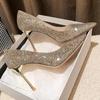 Fashion New Pointed Stiletto High Heels Shoes Sexy Silver Sequins Shallow Mouth Single Shoes Women's Work Dress Shoes High Heel Pumps