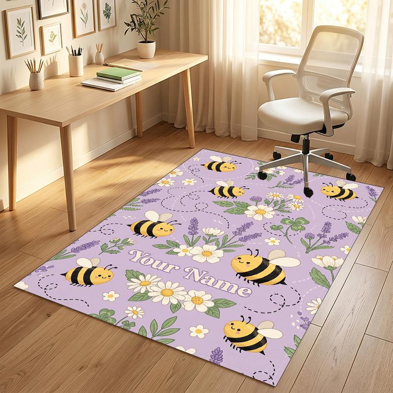 Bee Floral Theme Soft Crystal Velvet Rug Custom Name & Text Print Non Slip Floor Rug for Bedroom Living Room