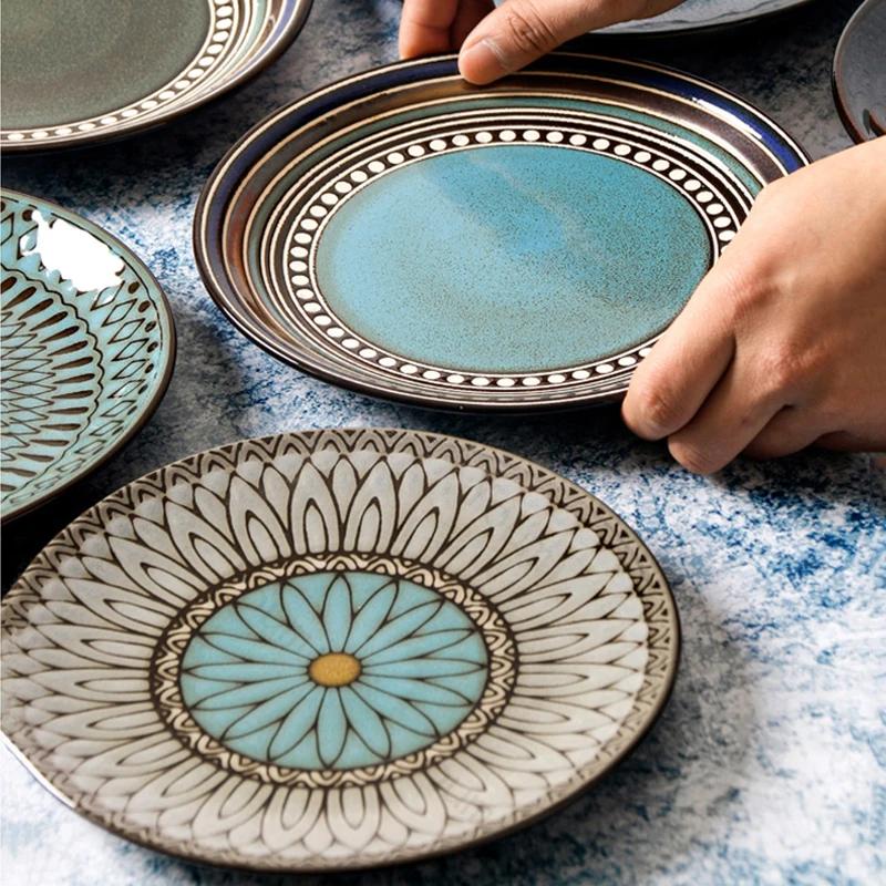 Креативные керамические тарелки в стиле ретро, элитная круглая тарелка для суши, изысканные блюда, обеденная тарелка, бытовая посуда