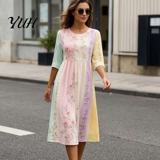 Trendy Autumn Floral Midi Dresses Long Sleeve Dress, Women Cottagecore Waist Cinching Body Shaping Slim Fit Dress for Vacation Street Party