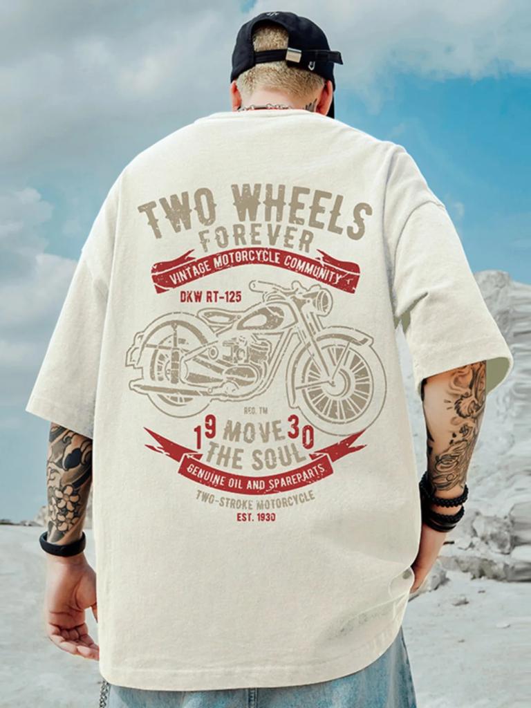 Summer High Quality 100% Cotton English Letter Motorcycle Print Top Breathable Sports Gym Men's Fashion Round Neck T-shirt