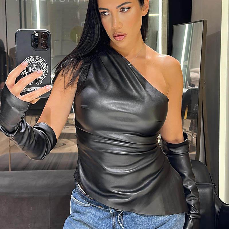 Сексуальные женские топы с плечевой талией, кожаный жилет с рукавами, неровный подол, женская одежда