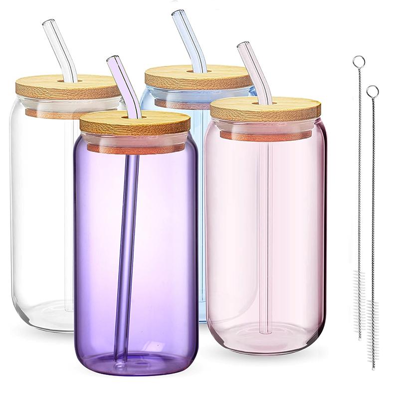 18,6 унций стаканы для питья с бамбуковыми крышками и стеклянными трубочками в форме банок, пивные бокалы, симпатичные стаканы для кофе со льдом, 1/4 шт.