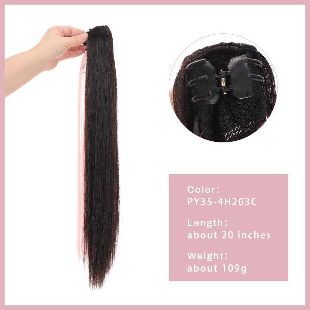 Long Straight Claw Clip Ponytail Brown Black Mixed Pink Synthetic Ponytail Ponytail Wig for Women