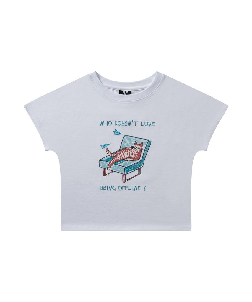 VESTIRYA Lazy Kitty Crop T-Shirts White