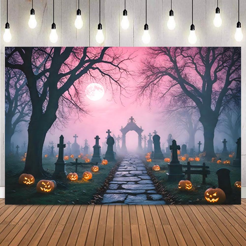 Halloween Outdoor Photography Background Full Moon Cemetery Castle Bat Pumpkin Lantern Tree Skull Scary Themed Photo Backdrop