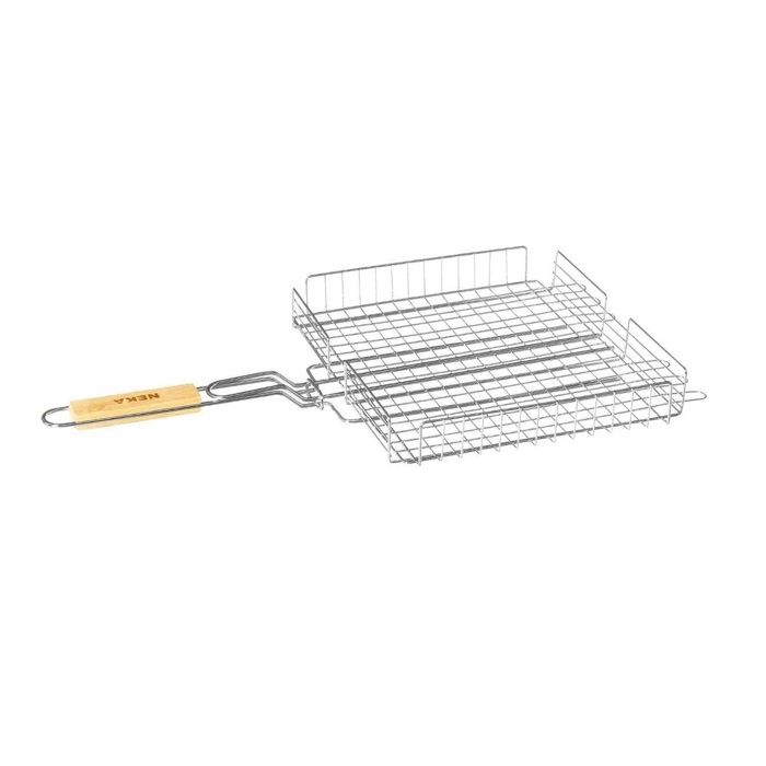Grille de cuisson BBQ - Non spécifié - 34 x 31 cm - Acier inoxydable - Poignée en bois - Pliable