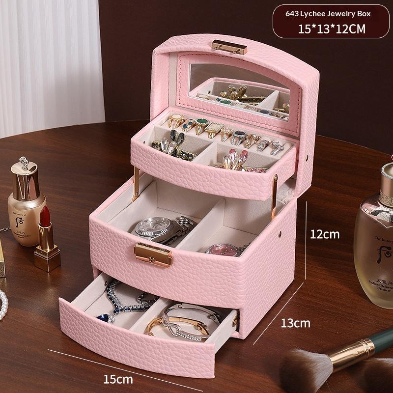 Minimalist High-end Jewelry Storage Box Pu Multi-layer Multi-function Large-capacity Jewelry Box with Mirror and Lock