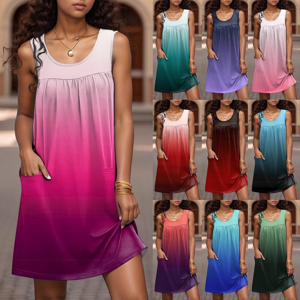 Ladies' Casual And Fashionable Round Neck Sleeveless Loose Printing Pocket Dress