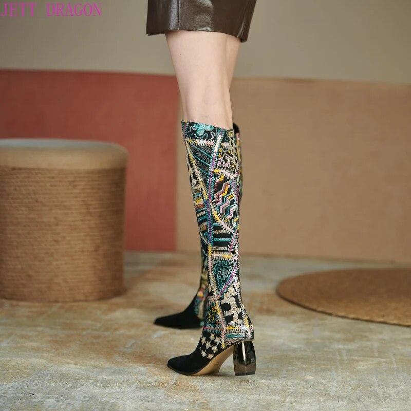 Women Knee High Boots Pointed Toe Boots Women Long Chunky Block Pleated High Heel Boots Quality Microfiber Zip Thigh High Boots