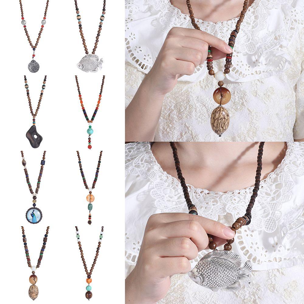 Подарок на удачу в стиле бохо, этнические украшения ручной работы, мала, деревянные бусины, рог, кулон в виде рыбы, ожерелье Непала, буддийское