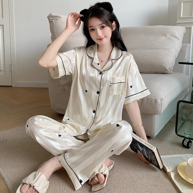 Nordic Style High-End Love Striped Printed Pajamas Simple High-End Short-Sleeved Loungewear Can Be Worn Outside