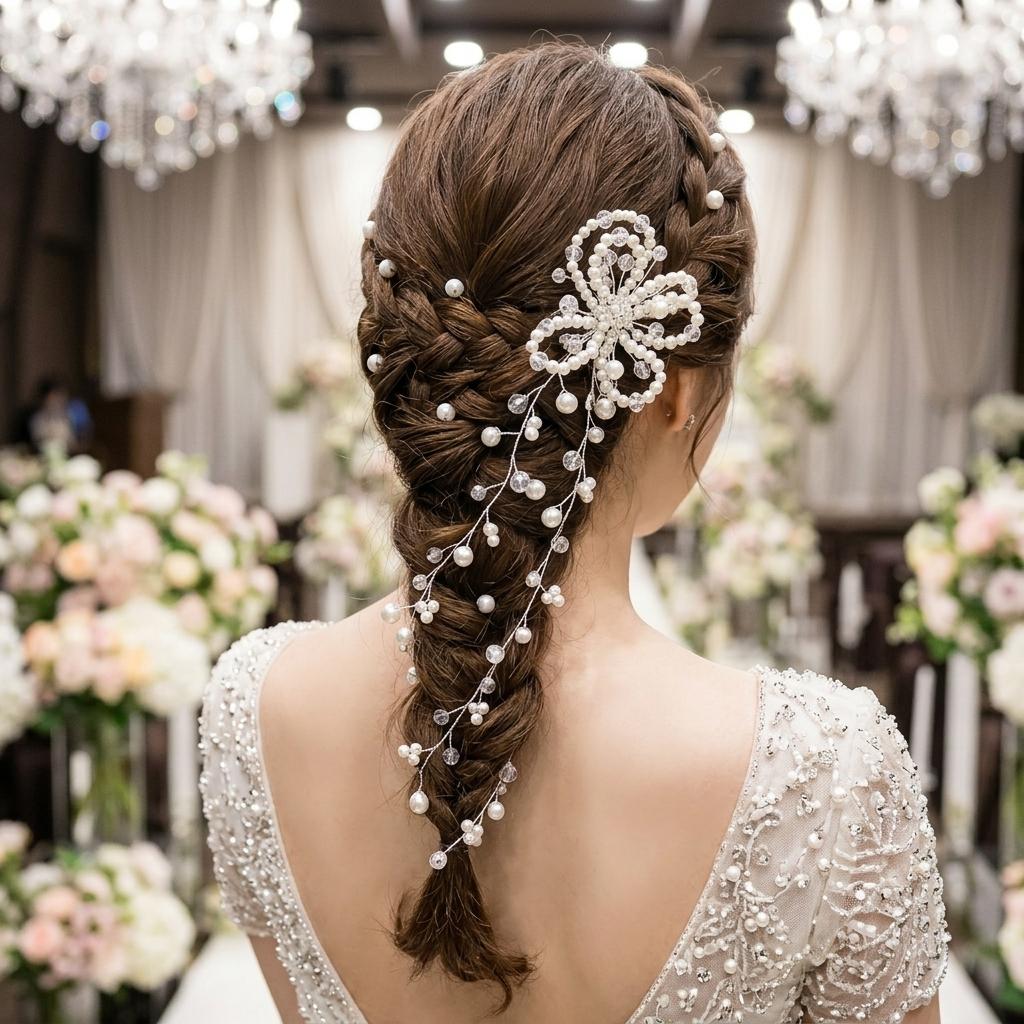 Korean Style Bridal Hairpiece With Crystal Pearl Flower Design For Wedding Ceremony