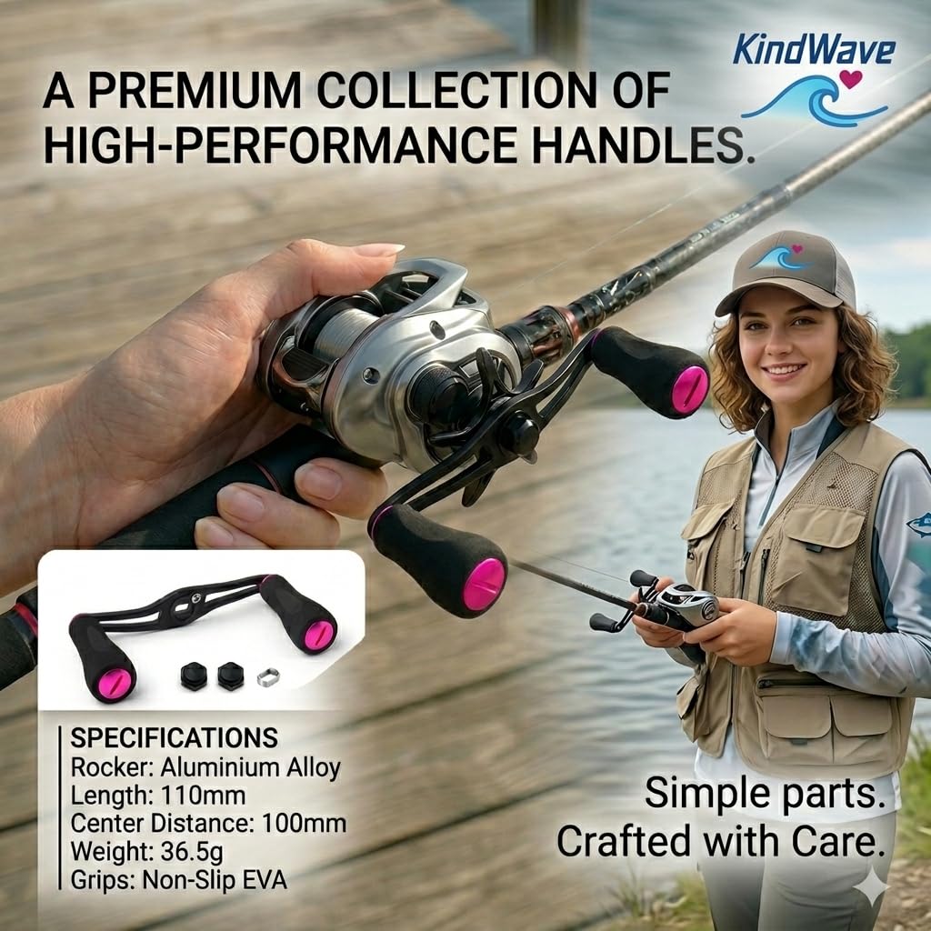 Катушка KindWave 100 мм Вал 110 мм Общая длина EVA Алюминий Совместима с Abu и Shimano Фиолетовая ручка, Дальность, Длина, Рукоятка, Сплав, Daiwa, Garcia,
