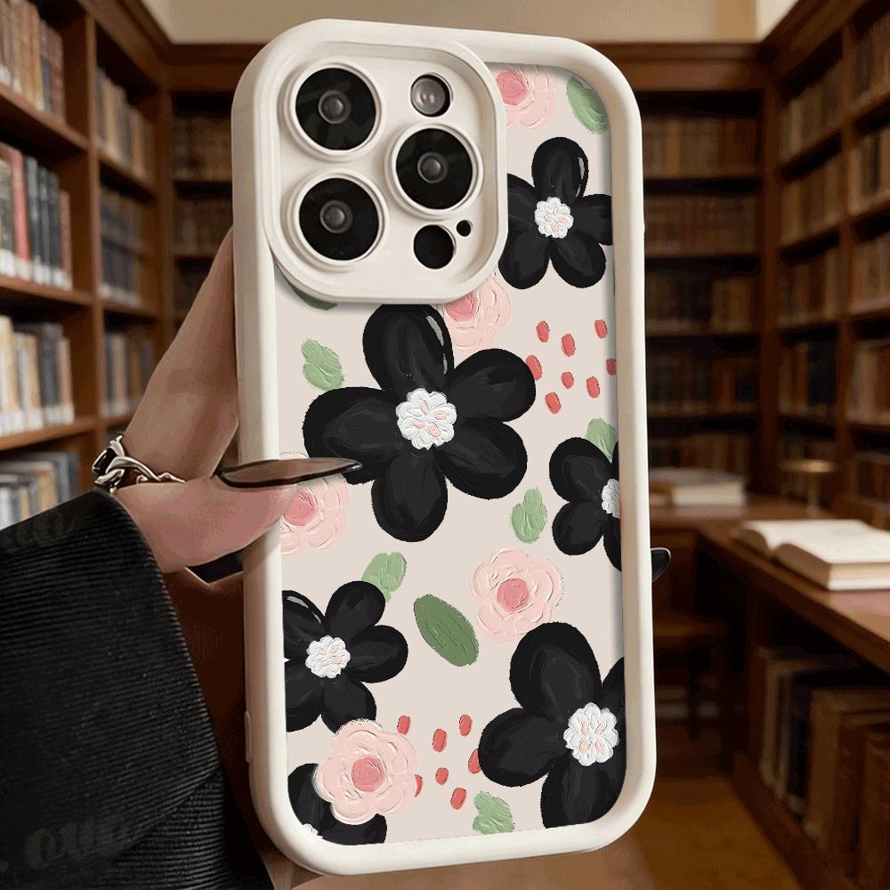 Black and Pink Floral Pattern Phone Case for iPhone 17 16 15 14 13 12 11 Pro Max Plus Anti Scratch, Gel Flexible Protective