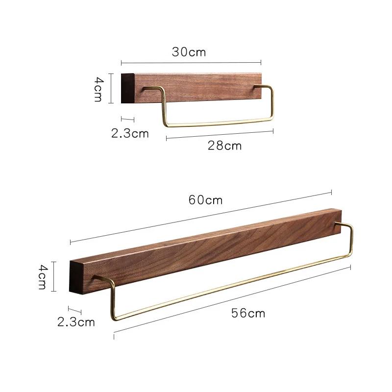Black Walnut Wood Towel Rack Wall Mounted Retro Towel Bar Wooden Holder Brass Towel Rail Brass Hooks for Bathroom Kitchen
