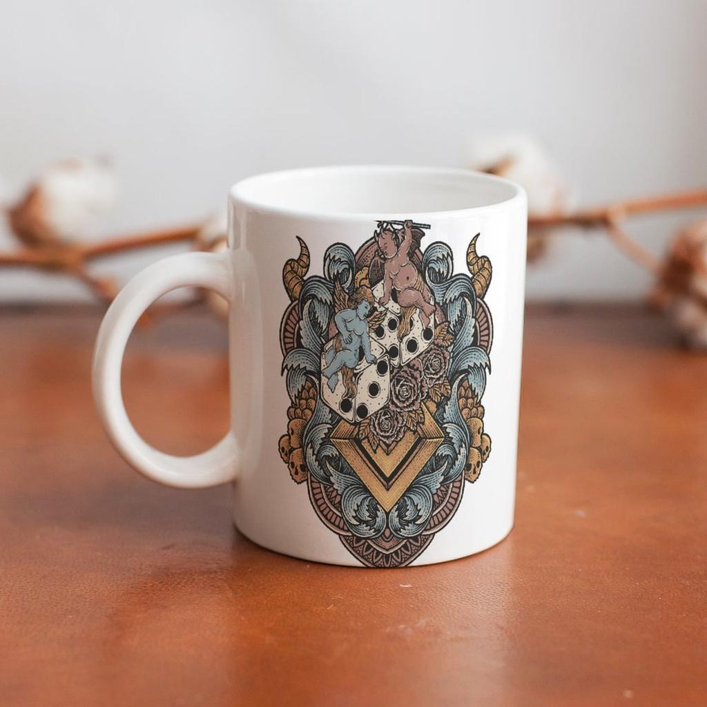 Белая керамическая кружка 11 унций с гладкой поверхностью и принтом по бокам, термостойкая для ежедневного чая, какао и кофе-брейка