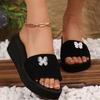 Fashion Pearl Butterfly Decor Wedge Slippers for Women Black Elastic Cloth Platform Sandals Woman Summer Comfort Non Slip Beach Slides