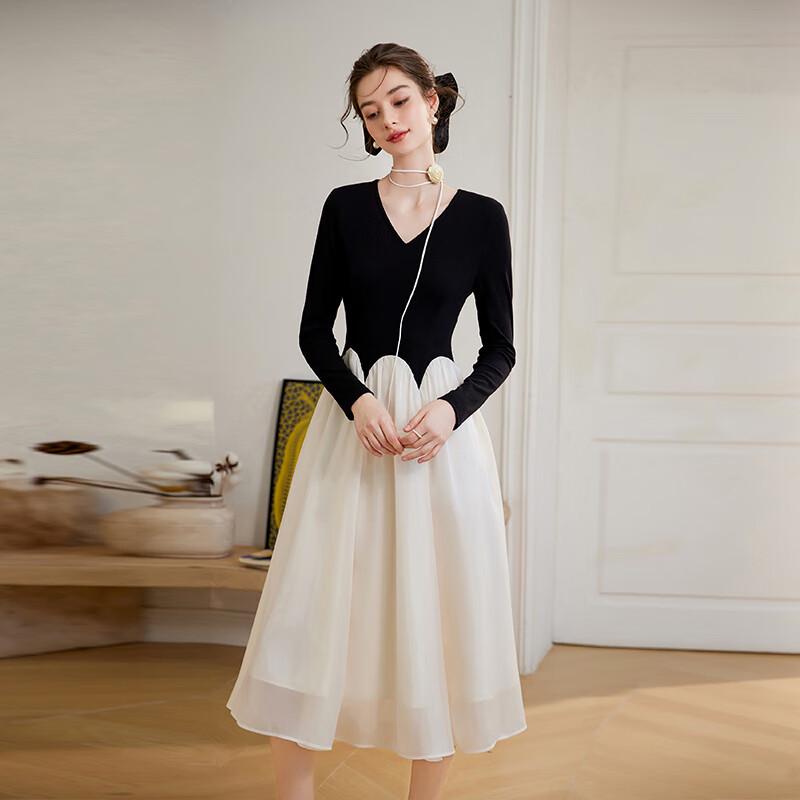 Bailuyu Elegant V-Neck Color-Block A-Line Knit Dress