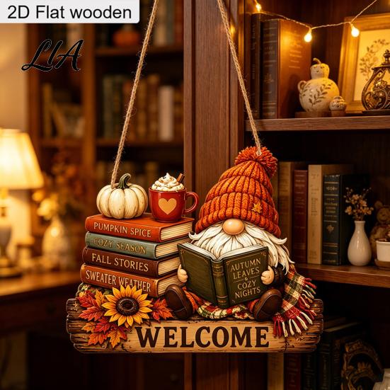 Farmhouse Porch Decoration Fall Thanksgiving Wooden Sign Door Hanger, 2D Sunflower Pumpkin Gnome Wall Creative Housewarming Gifts Plaque, Rustic
