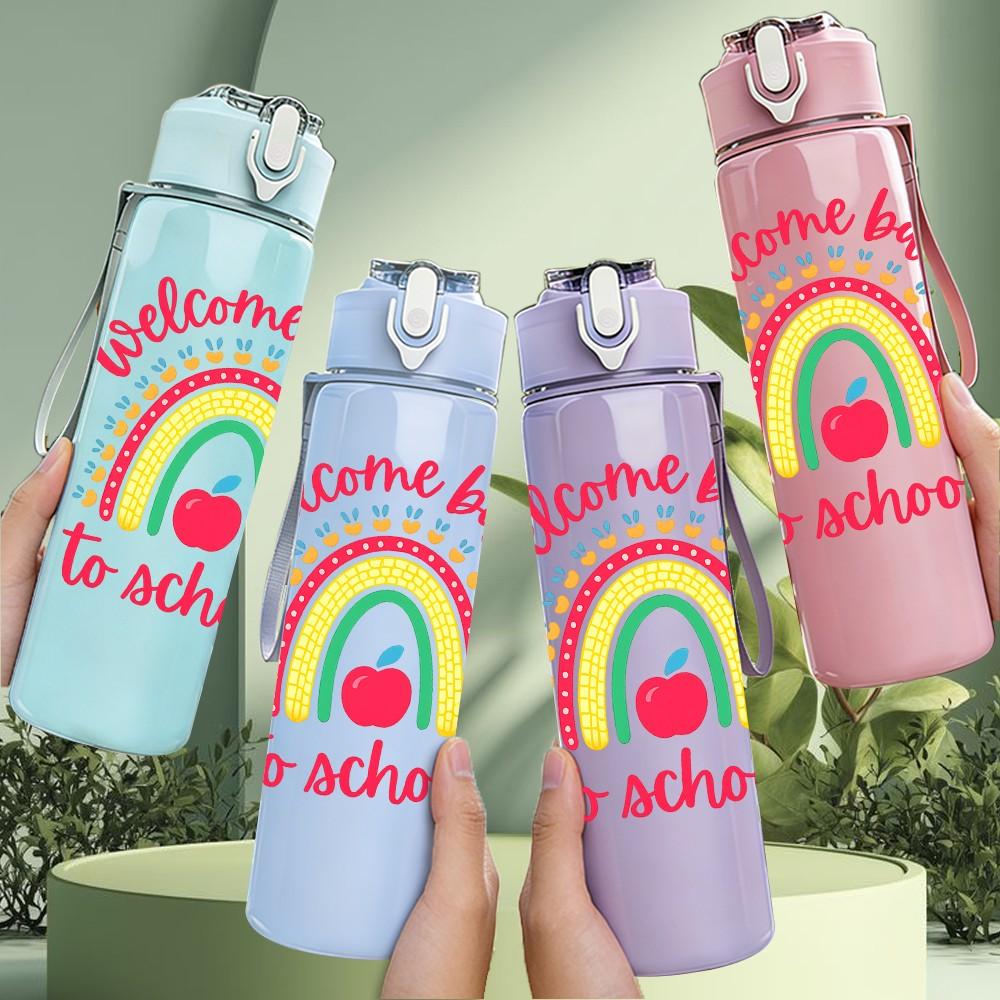 1PC Welcome Back To School Rainbow 750ml Color Plastic Sports Water Bottle Leakproof Flip Straw Lid Suitable for Sports Office Home Use