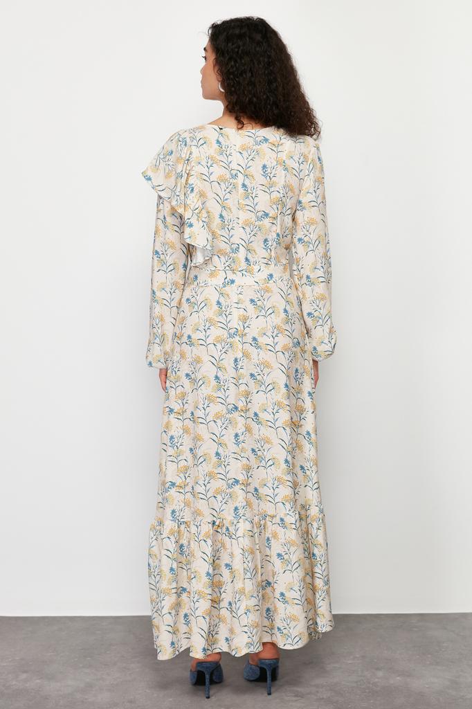 Women's Hijab Dress New Season Fashion Stone Floral Lined Ruffle Detailed Belted Woven Dress