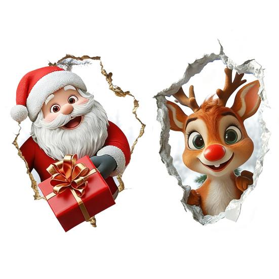 Рождественская наклейка на стену Реалистичная самоклеящаяся наклейка на стену Санта-Клаус 3D визуальный эффект Мультяшная наклейка с лосем для стен Домашний декор для гостиной, игровой комнаты