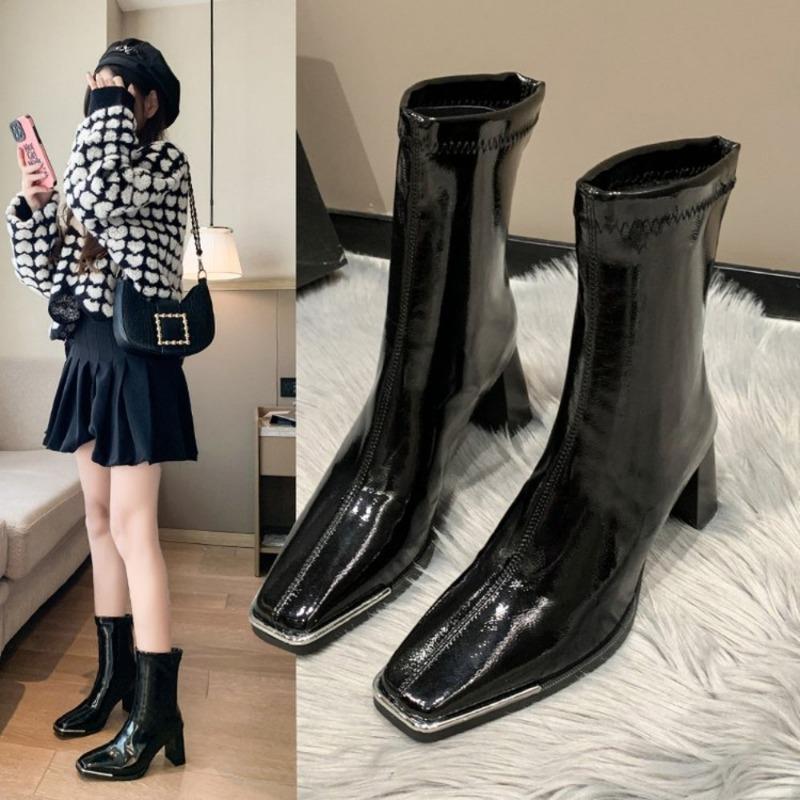 Мода 2024 года, новые женские сапоги до середины голени, модные туфли карамельного цвета на молнии в готическом стиле, лакированные длинные сапоги, роскошные дизайнерские туфли на высоком каблуке