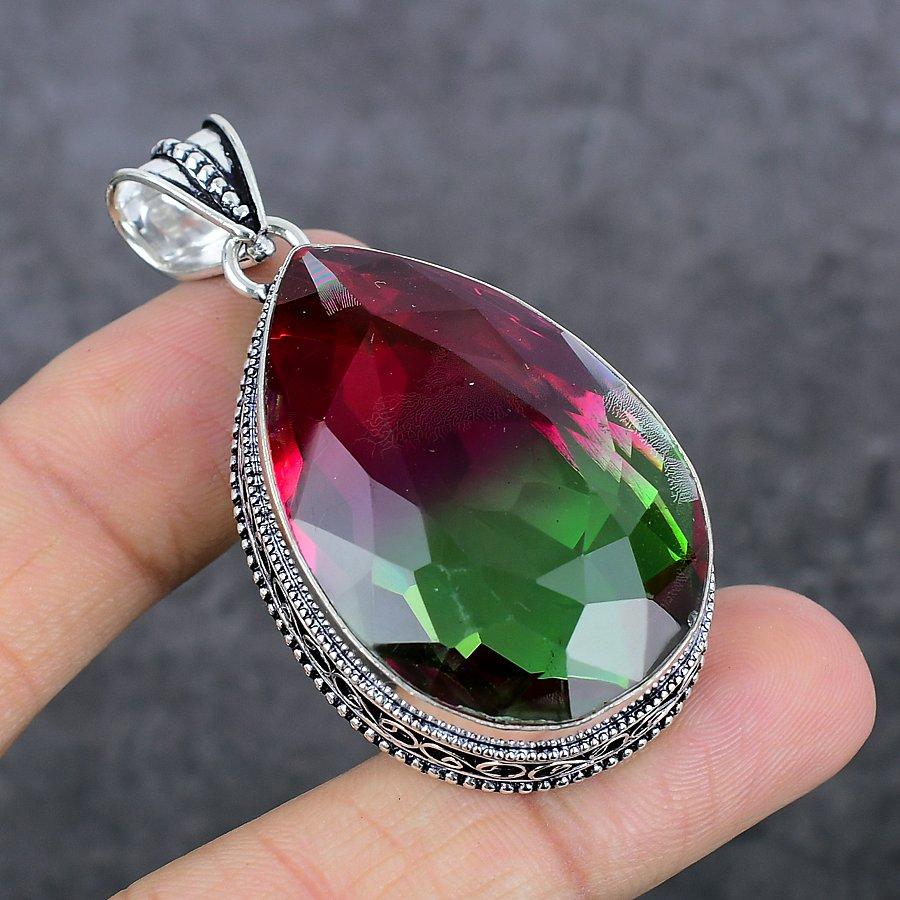 Bi-Color Tourmaline Handmade 925 Sterling Silver Jewelry Pendant 2.29" S9E41